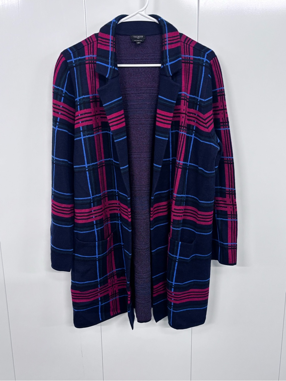 Talbots Plus 1X Pure Merino Wool Plaid Cardigan Sweater Jacket Open Front Winter